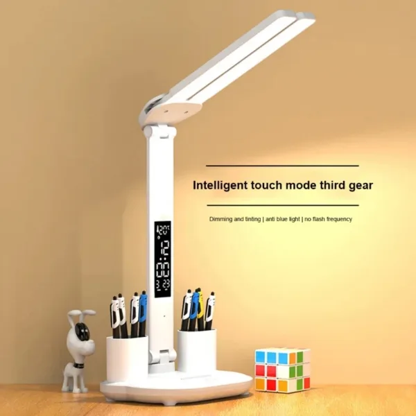 LED Clock Table Lamp USB Chargeable Dimmable Desk Lamp 2 Heads 180 Rotate Foldable Eye Protection Reading Night Light - Image 2