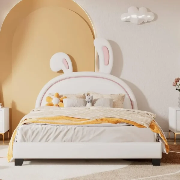 Children bed. With rabbit headboard, with Flat noodles support, baby bed frame, children's bedroom, white, children's bed - Image 5