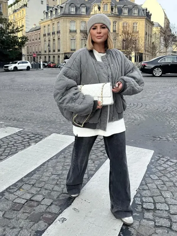 Quilted Single Breasted Grey Women's Cotton Jacket Casual Pocket Stand Collar Long Sleeved Coats Fall Winter Commuting Outerwear - Image 3