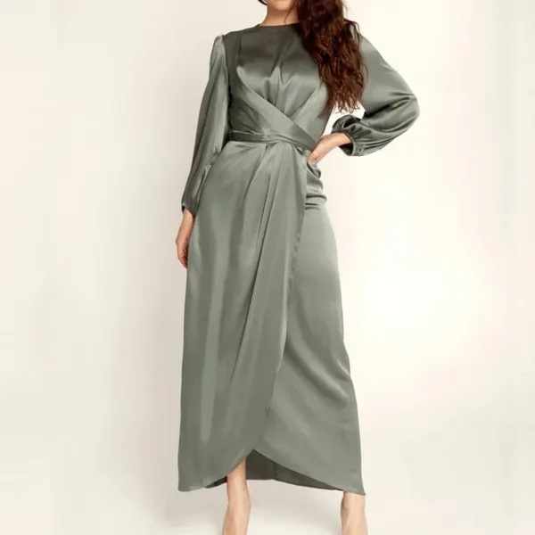 Women Arab Muslim Dresses Satin Long Sleeve Maxi Dress Solid Color Wrap Front Self-Tie Party Dress Prom Evening Robe De Soiree - Image 2