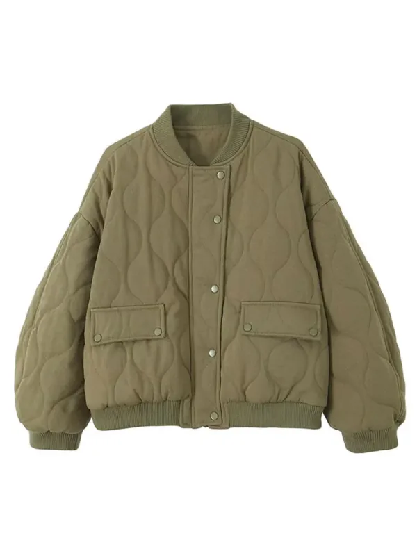 Quilted Single Breasted Grey Women's Cotton Jacket Casual Pocket Stand Collar Long Sleeved Coats Fall Winter Commuting Outerwear - Image 8