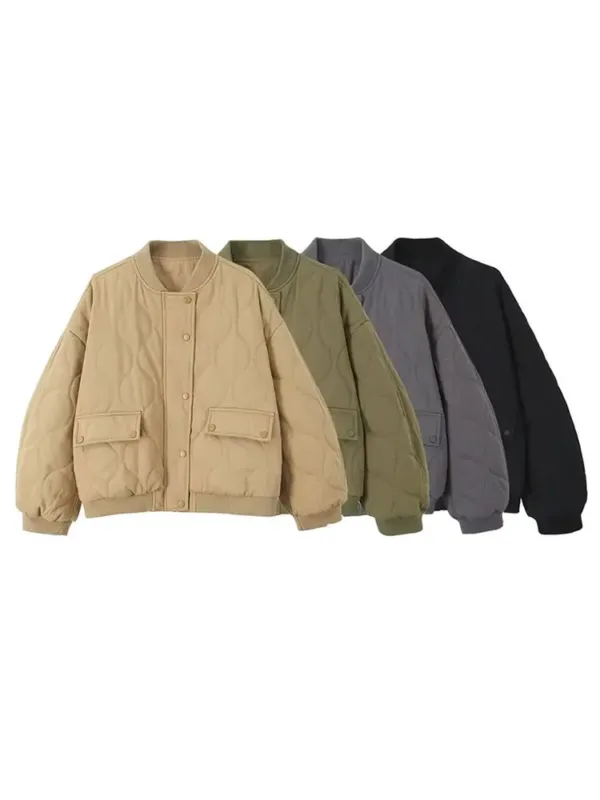 Quilted Single Breasted Grey Women's Cotton Jacket Casual Pocket Stand Collar Long Sleeved Coats Fall Winter Commuting Outerwear - Image 7