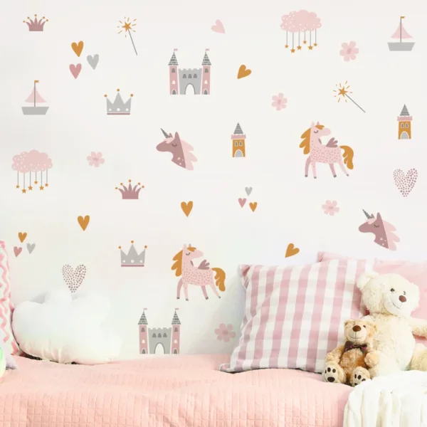 Boho Pink Cartoon Unicorns Castle Clouds Love Watercolor Wall Stickers for Kids Room Baby Nursery Room Wall Decals Home Decor - Image 7