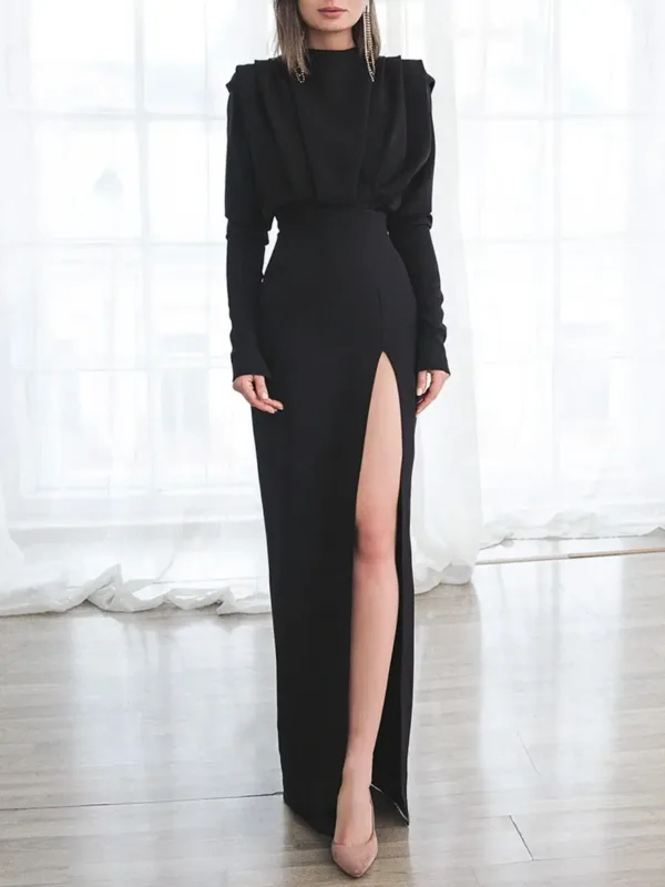 Half High Collar Slit Dresses for Women Casual Long Sleeve Solid Long Abaya Spring Summer Muslim Drsss Women Party Evening Dress - Image 5