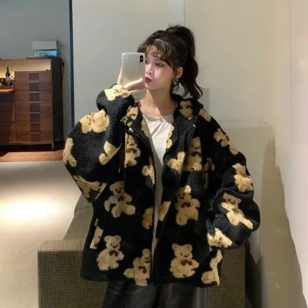 Cartoon Bear Lamb Hoodies Women's Wool Couple Jacket Casual Oversize Hoodie Winter Warm Tops Female Sweatshirt Cute Teddy Coats - Image 3