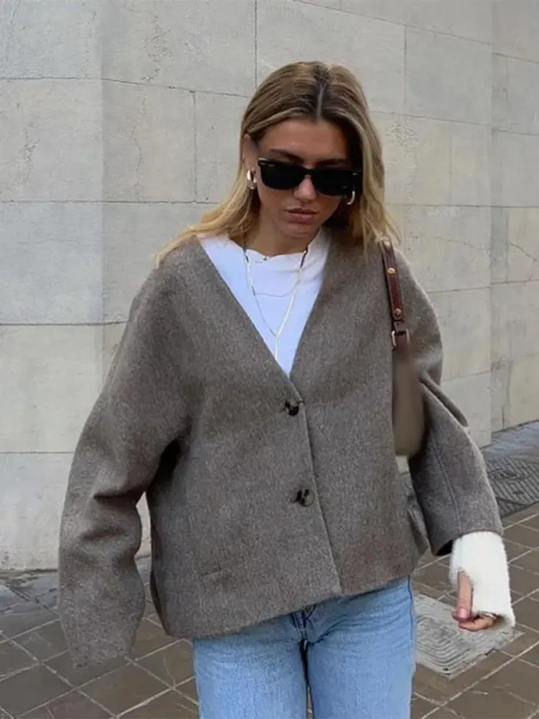Women Fashion Wool Blend Straight Fit Jackets Elegant V Neck Double Buttons Pockets Short Coat 2024 Autumn Lady Office Outerwear - Image 6