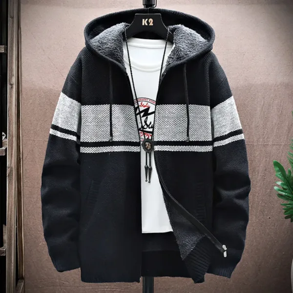 2023 Autumn Korean Hooded Men's Sweater with Thick and Velvet Men Cardigan Knitted Sweater Coat Stripe Jacket Male M-4XL MY03 - Image 6