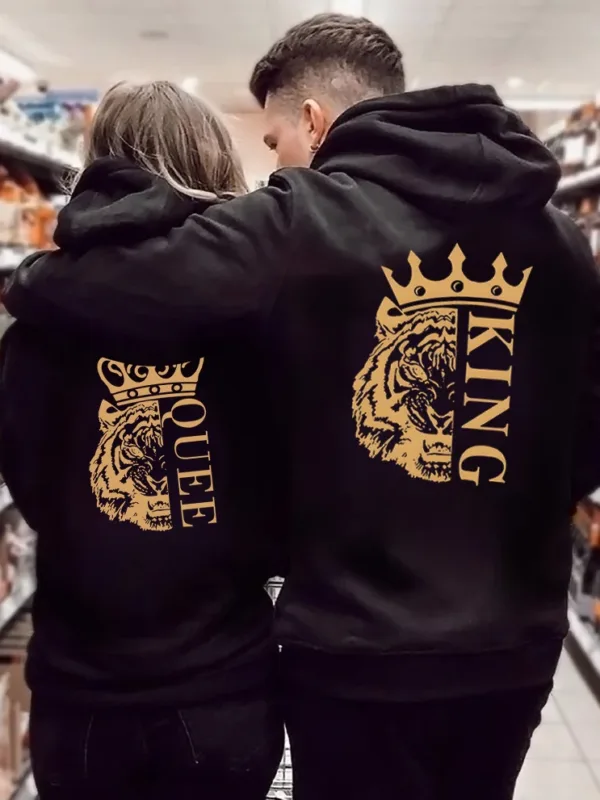 Fashion Lion King Tiger Queen Couple Hoodies Long Sleeve Pullover Golden Crown Couple Matching Outfits Streetwear Lovers Clothes - Image 2