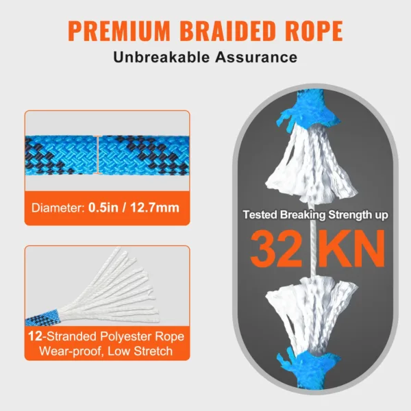 VEVOR 12.7mm Static Climbing Rope 125/150/200ft Outdoor Rock Climbing Rope 30KN Breaking Tension Fiber Rope w/ Steel Snap Hooks - Image 6