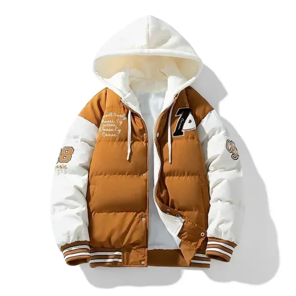 2023 New Cotton Coats Men's Winter Fashion Thickened Down Cotton Coat Hooded Fake Two Piece Warm Loose Embroidered Print Jacket - Image 3