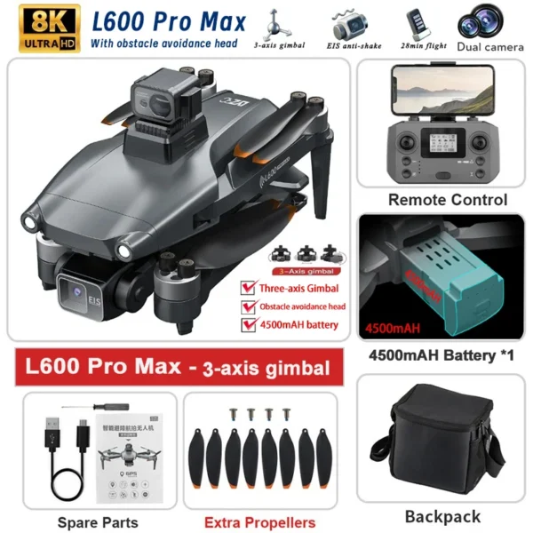 2024 New L600 PRO MAX GPS Drone 5KM 4K Professional HD Dual Camera 3-Axis Gimbal 360 Obstacle Avoidance Brushless Quadcopter Toy - Image 4