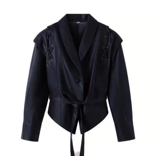 Fashion Leather Short Jacket With Belt Woman Lace Up Lapel Long Sleeve Motorcycle Coat Lady Winter Warm Street Outerwear - Image 7