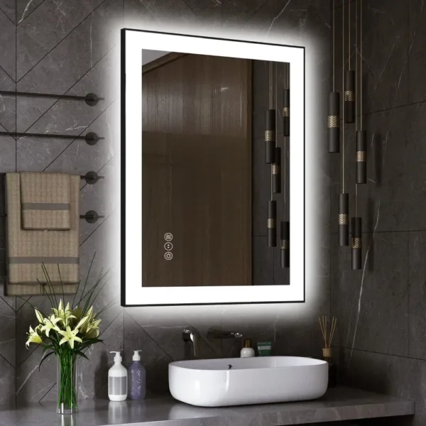 LED Bathroom Mirror, 32"x24" Black Aluminum Vanity , Stepless Dimmable Lighted Mirror Anti-Fog, 3 Colors Wall Smart Mirror - Image 7