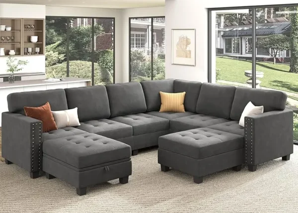Velvet Modular Sectional sofa, Convertible L Shaped couch with Storage Top Tray Ottoman Corner,Dark Blue - Image 10