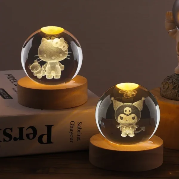 5CM 3D Crystal Ball Night Light Decoration Kuromi Sanrio Hello Kitty Action Figure Toy Bedroom Decoration Gift Mini Night Light