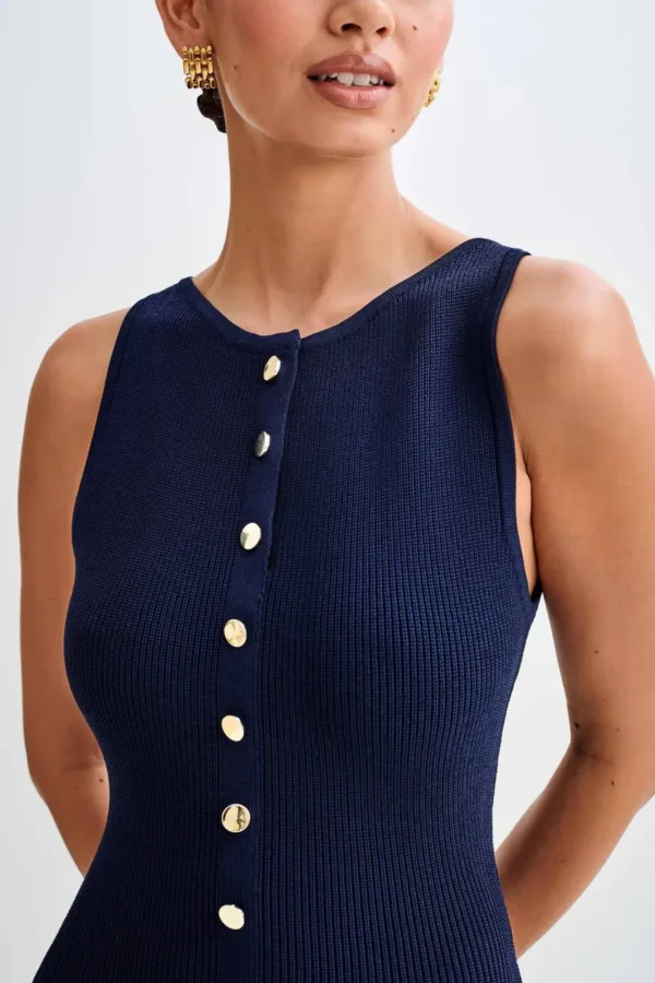 2024 Summer Elegant Lady Knitted Single Breasted Long Dresses Women Solid Sleeveless O Neck Button Bodycon Party Female Vestidos - Image 4