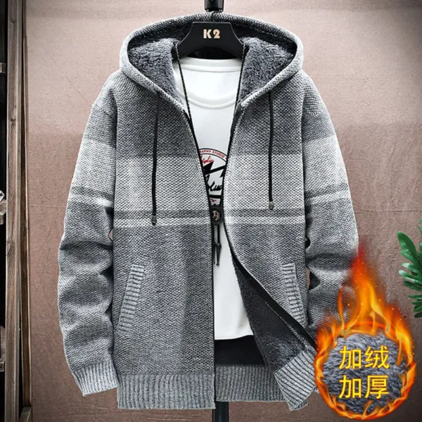 2023 Autumn Korean Hooded Men's Sweater with Thick and Velvet Men Cardigan Knitted Sweater Coat Stripe Jacket Male M-4XL MY03 - Image 5