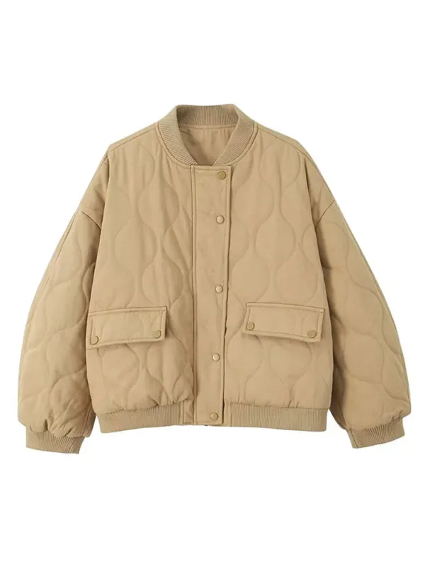 Quilted Single Breasted Grey Women's Cotton Jacket Casual Pocket Stand Collar Long Sleeved Coats Fall Winter Commuting Outerwear - Image 10