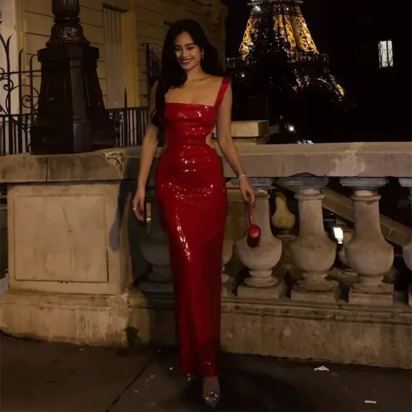 Sexy Sequin Hollow Out Sling Party Dress Women Slim Square Neck Sleeveless Backless Long Dresses 2024 Lady Evening Shinny Robe - Image 6