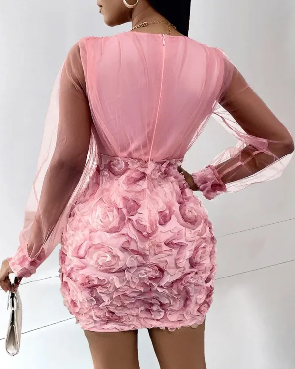 Women Fashion Dress Fashion Floral Pattern Sheer Mesh Patch Long Sleeve V-Neck Elegant Party Dress - Image 4