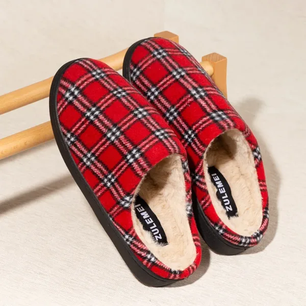 New Men's Striped Warm House Fleece Cozy Non-slip Plaid Cotton Mops Couples Slippers Winter Soft Indoor Bedroom Couples Shoes - Image 6