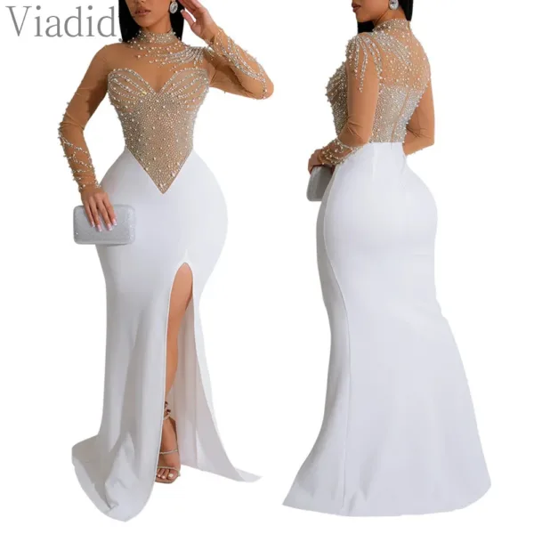 Women's Sexy See Through Rhinestone Beads Decor Floor Length Mermaid Party Dress - Image 3