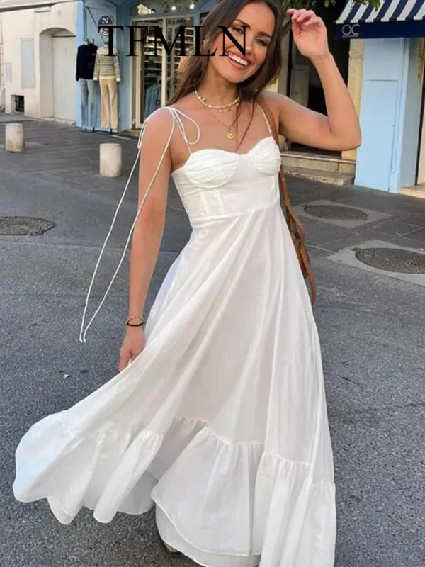 TRAF Elegant Women's Tierred Long Dress 2024 Summer Classic Fashion Solid Side Zipper Dresses High-Waist A-line Party Dress - Image 6