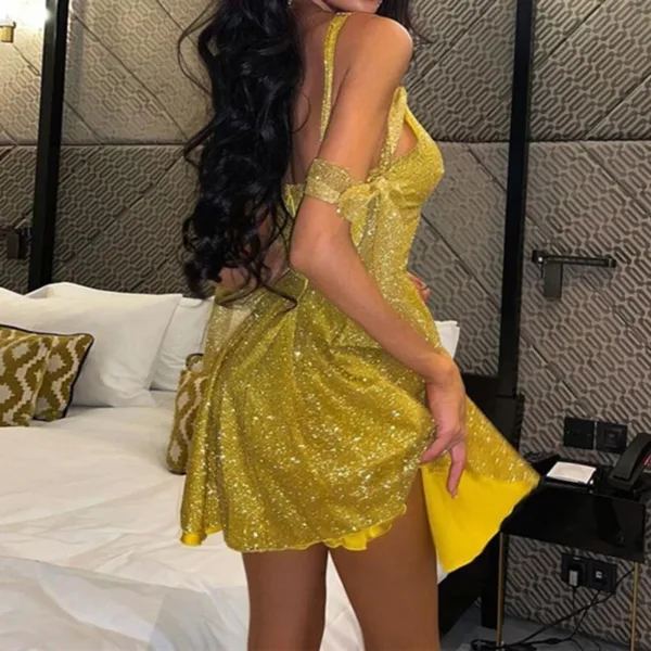 Women Fashion Shiny Off Shoulder Dress Solid Color Sexy Spaghetti Strap V-Neck Backless Elegant Cocktail Party Dress for Ladies - Image 2