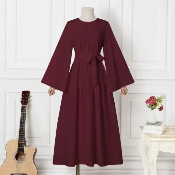 Long-sleeved Muslims Dubai Abayas Fashion O-neck Dress for Women Spring Solid Color Casual Robe Female Islam Clothes with Belt - Image 2