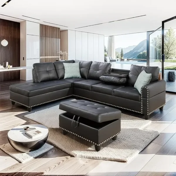 Faux Leather Sectional Sofa with Chaise Lounge, Storage Ottoman, 2 Cup Holders & Pillows, 6-Seater Upholstered Tufting Corner - Image 6