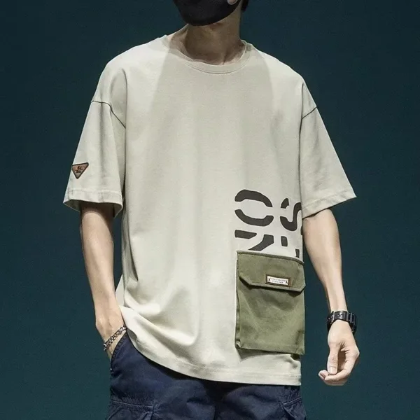 Summer Men's Short Sleeve Letter Printed T-shirt With Cargo Pocket Casual Cotton O-Neck Tops Y2K Streetwear Oversized Tee Shirts - Image 8