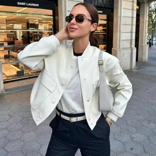 ASDS woman bomber jacket coat White autumn winter button baseball aviator cropped jackets for women long sleeve crop outerwear - Image 8