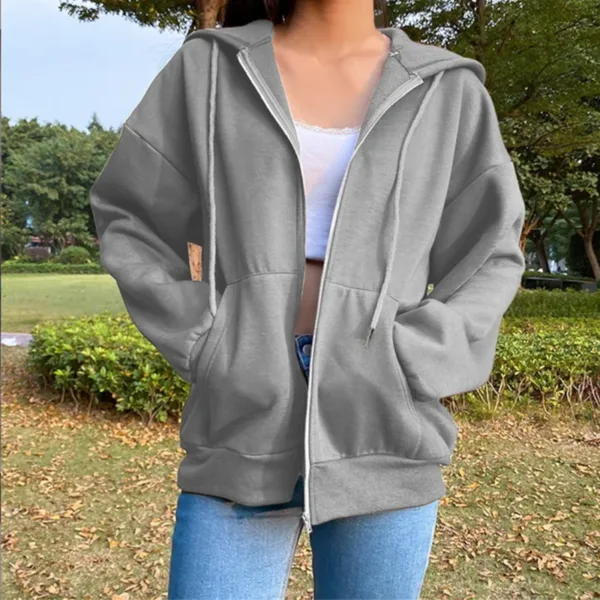 Autumn Fleece Hoodie Solid Color Hooded Korean Fashion Sweatshirts Long Sleeve Top Drawstring Pockets Loose Zipper Black Hoodies - Image 7