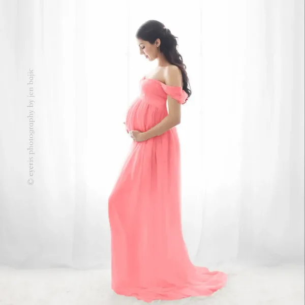 Maternity Dresses for Photo Shoot Off Shoulder Short Sleeve Mesh Sheer Split Long Pregnancy Dress Women Maternity Clothes - Image 2