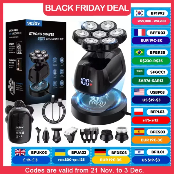 SEJOY 6-in-1 Multifunctional 7D Head Shavers for Bald Men Electric Razor with Nose Hair Trimmer Waterproof Mens Grooming Kit - Image 7