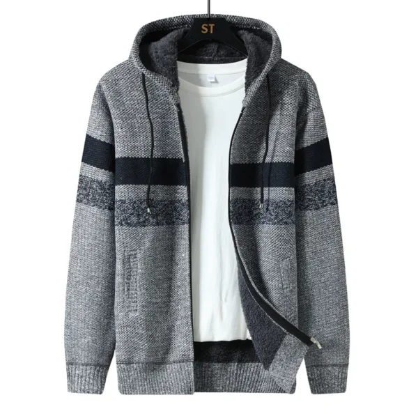 Winter Fleece Striped Cardigan Men Thick Warm Knitted Hooded Sweatercoat Mens Long Sleeve Casual Knitting Sweater Jacket Coats - Image 5