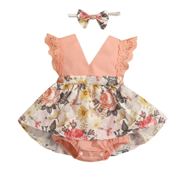 New Arrival 2pcs Red Flower Baby Clothing Newborn Baby Girls Lace Backless Romper Dress Jumpsuit Outfits Clothes 0-24M - Image 2