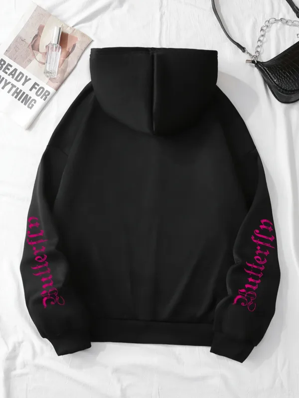 Butterfly & Letter Print Drawstring Hoodie, Casual Long Sleeve Kangaroo Pocket Hoodie Sweatshirt, Women's Clothing - Image 6