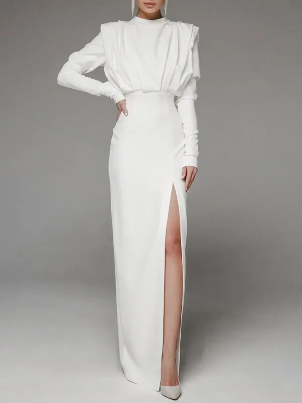 Half High Collar Slit Dresses for Women Casual Long Sleeve Solid Long Abaya Spring Summer Muslim Drsss Women Party Evening Dress - Image 4