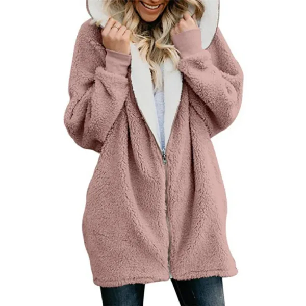 Winter Thickened Furry Hooded Sweatshirt Women Loose Comfortable Casual Outerwear Female Solid Color Warm Zipper Cardigan Hoodie - Image 2