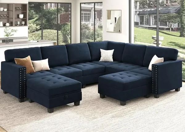 Velvet Modular Sectional sofa, Convertible L Shaped couch with Storage Top Tray Ottoman Corner,Dark Blue