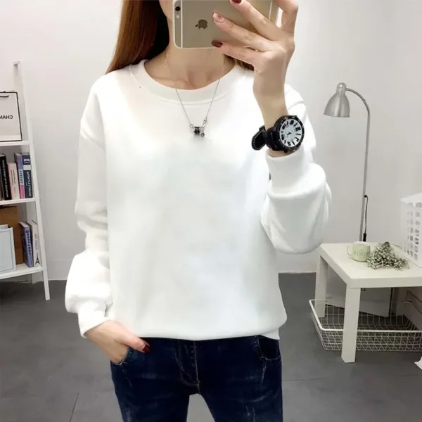 Woman Solid Color O-Neck Sweatshirt Casual Fit Hoodie Harajuku Aesthetic Streetwear Pullover White Tops Korean Pop Clothing Top - Image 4