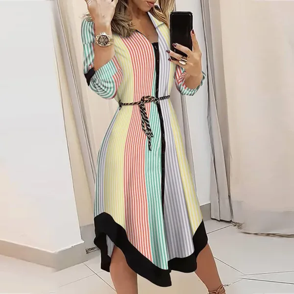 2024 Women's Autumn New Fashion and Elegant Commuter Print V-neck Lace up Long Sleeve Slim Fit Mid length Dress - Image 3