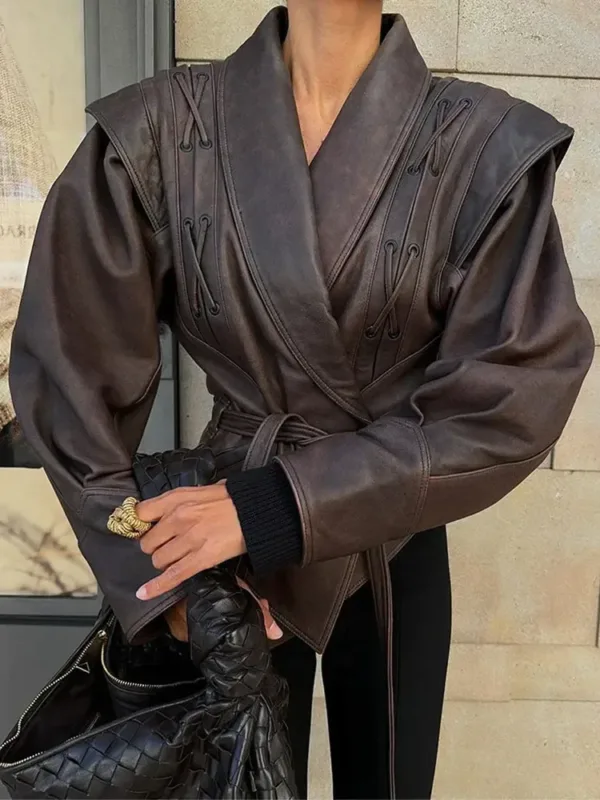 Fashion Leather Short Jacket With Belt Woman Lace Up Lapel Long Sleeve Motorcycle Coat Lady Winter Warm Street Outerwear