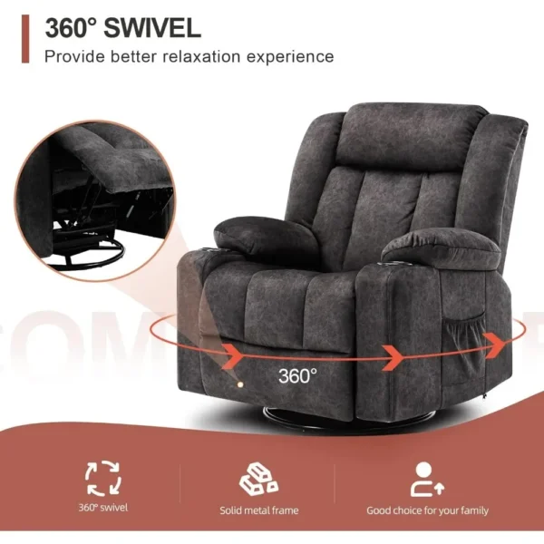 Recliner Chair Massage Rocker with Heated 360 Degree Swivel Lazy Boy Recliner Single Sofa Seat with Cup Holders for Living Room - Image 6