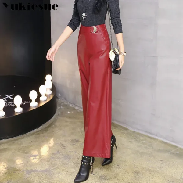 Wide leg pants capirs women 2022 winter warm PU leather pants female trousers OL office formal casual pants woman clothes - Image 3