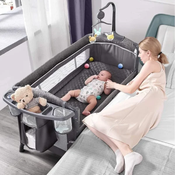 Baby Bassinet Bedside Crib, Pack and Play with Mattress, Diaper Changer and Playards from Newborn to Toddles, Grey - Image 2