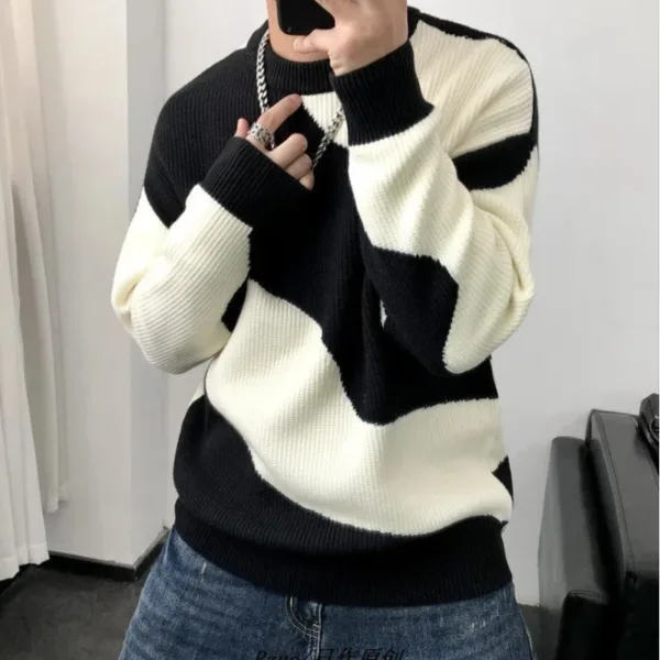 Man Clothes Round Collar Pullovers Knitted Sweaters for Men Crewneck Color Matching Black Cigaret Casual Korean Style Jumpers S - Image 6