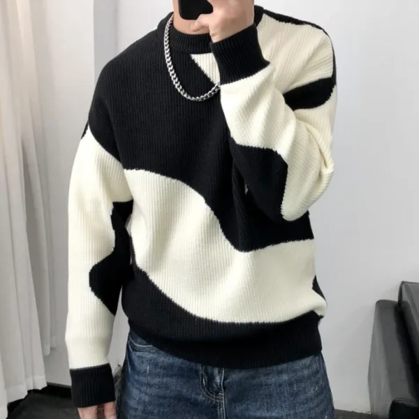 Man Clothes Round Collar Pullovers Knitted Sweaters for Men Crewneck Color Matching Black Cigaret Casual Korean Style Jumpers S - Image 2