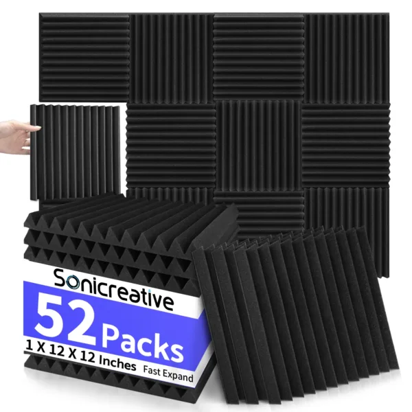 52 Pack Cheap Acoustic Foam Panels 1 X 12 X 12 Inches Large Sound Proof Foam Panels for Walls, Wedge Soundproof Wall Panels Acou - Image 2